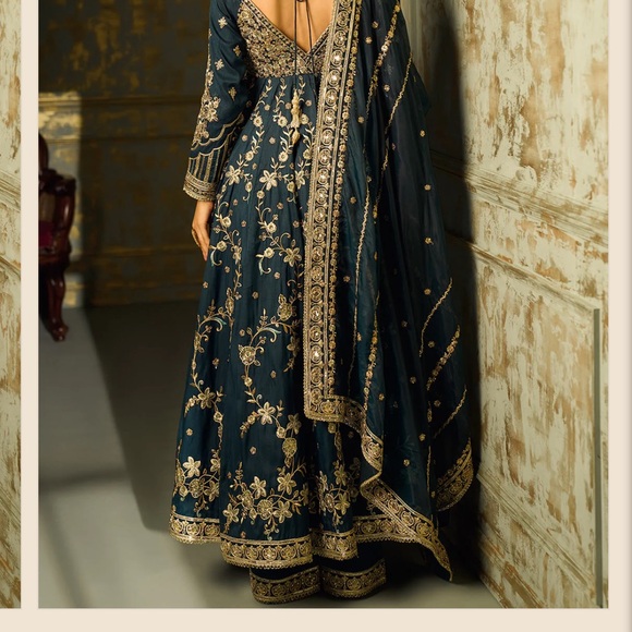 Dark Teal and Gold Embroidered Anarkali - Picture 2 of 3